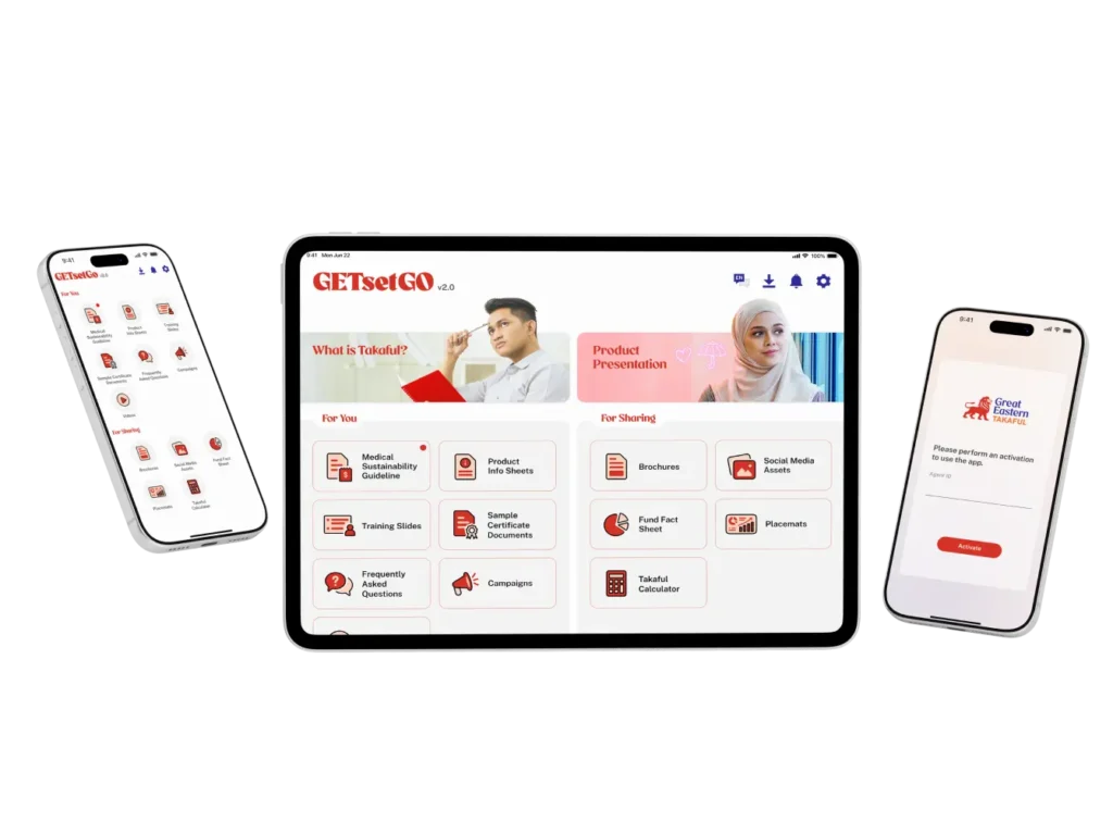 GETsetGO digital insurance platform displayed on tablet and smartphone devices with activation screen, product resources, brochures, and marketing tools.