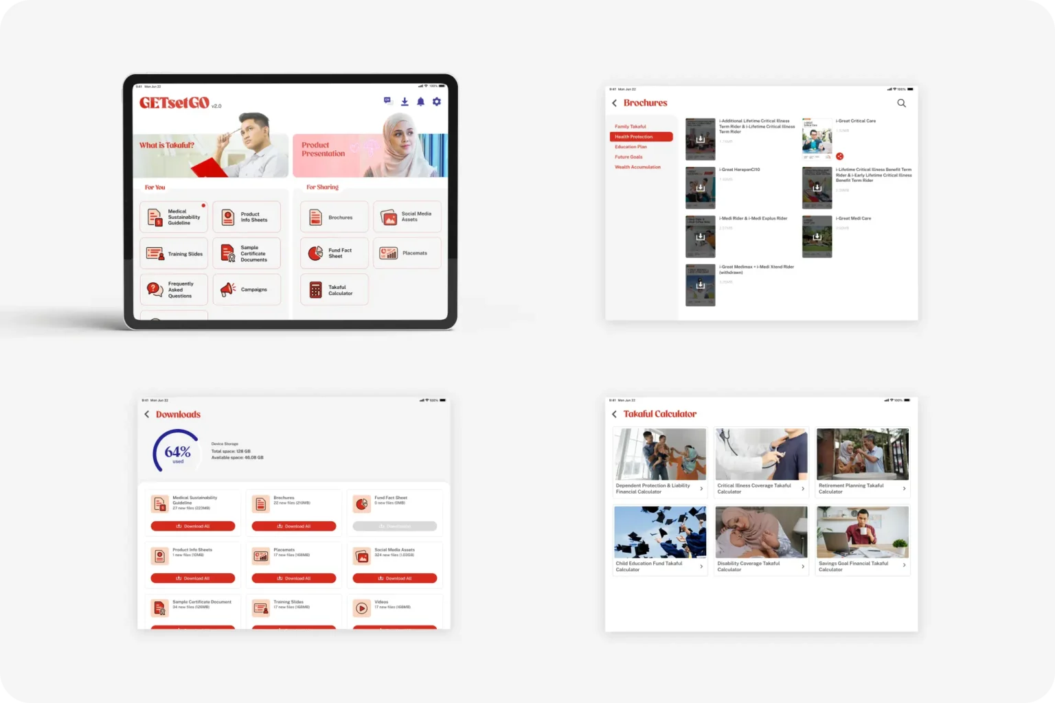 GETsetGO tablet application dashboard UI showcasing insurance product presentations, downloadable brochures, calculators, and training materials for agents.