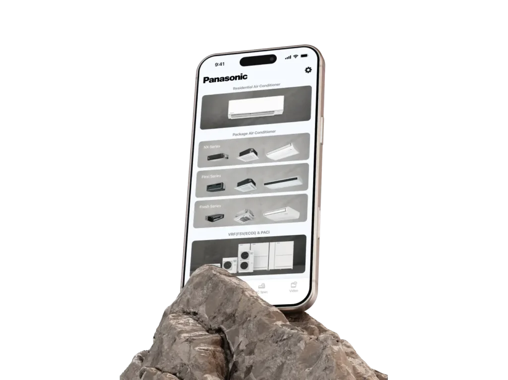 Panasonic Quick Service Guide mobile application displayed on smartphone mockup with air conditioner model selection interface and industrial-style rock base composition.
