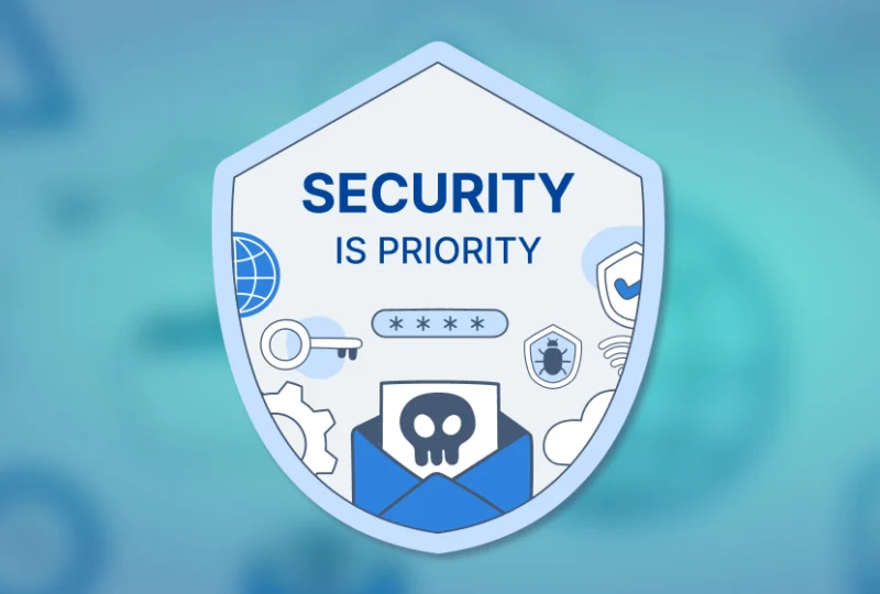 Shield-shaped graphic with the words “Security Is Priority” above icons of a key, password field, bug, shield and an envelope with a skull symbol, illustrating the importance of protecting web applications from cyber threats.
