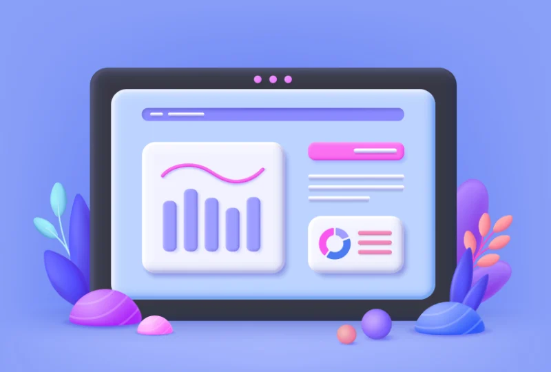 3D illustration of a tablet-style screen displaying a pastel-coloured web analytics dashboard with bar and line charts, widgets, and interface elements, surrounded by abstract plants and geometric shapes on a purple background to represent modern web application interfaces and data visualisation.