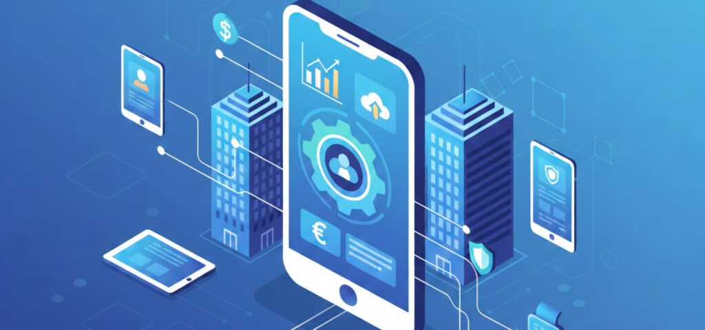 Illustration of custom iOS app development showing a business mobile app connected to secure systems, analytics, and enterprise infrastructure