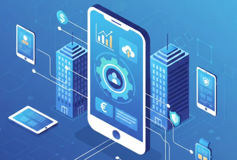 Illustration of custom iOS app development showing a business mobile app connected to secure systems, analytics, and enterprise infrastructure