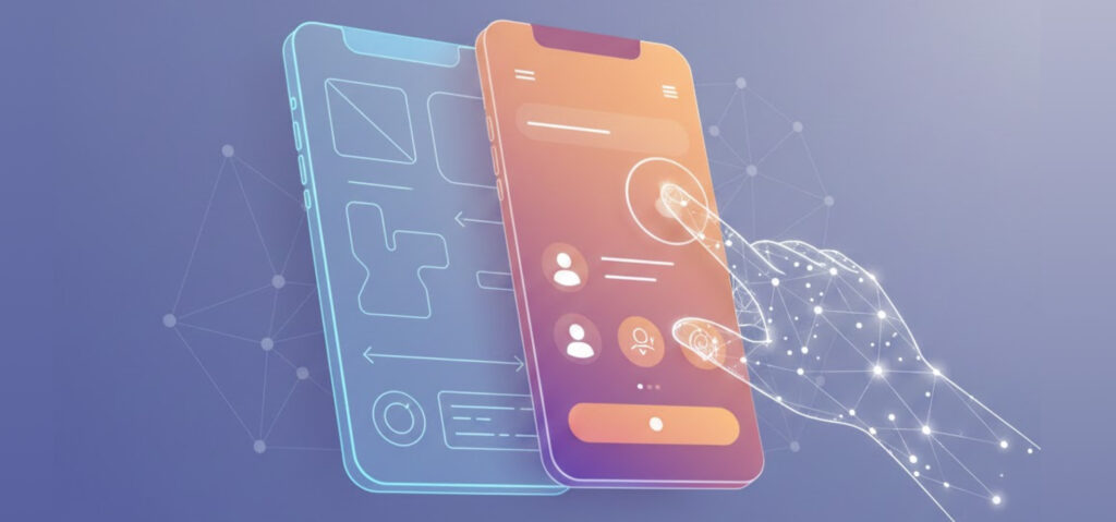 Conceptual illustration representing UI and UX design in mobile app development with user interacting intuitively on a smartphone