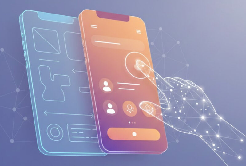 Conceptual illustration representing UI and UX design in mobile app development with user interacting intuitively on a smartphone