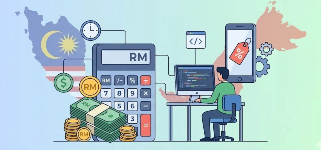 Illustration of app development cost estimation in Malaysia showing RM calculator, coding, and mobile app pricing factors
