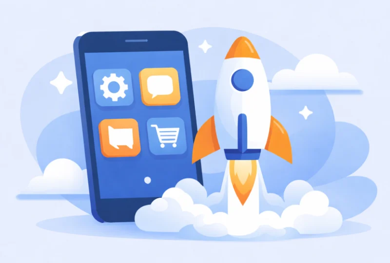 Illustration of cross-platform mobile app development showing a smartphone launching an app for both iOS and Android platforms