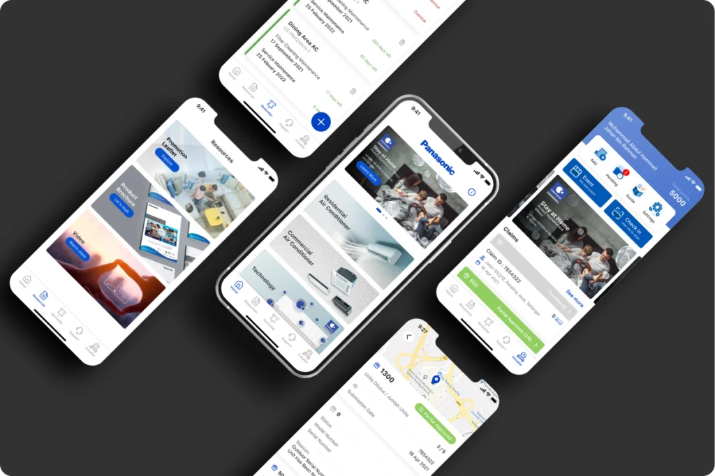Five mobile phones displaying various Panasonic Malaysia Air Conditioner App’s interfaces.