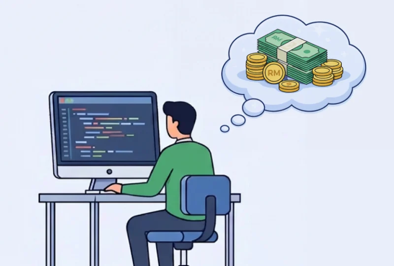 Illustration of a developer estimating mobile app development cost in Malaysia, showing coding work and budget planning with Malaysian Ringgit
