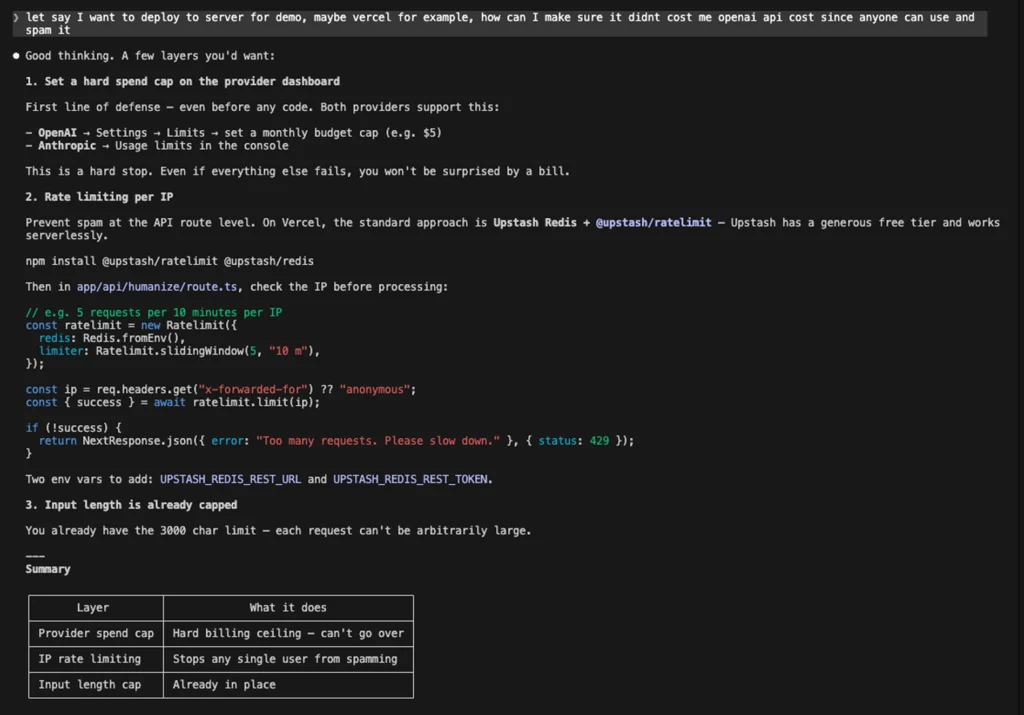Screenshot of an AI coding assistant explaining how to prevent API abuse by setting spending limits, implementing IP rate limiting with Redis, and restricting input length in a serverless application.