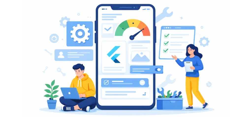 Flutter app development performance optimisation process showing mobile UI components, state management tools, and developers improving cross-platform app efficiency.