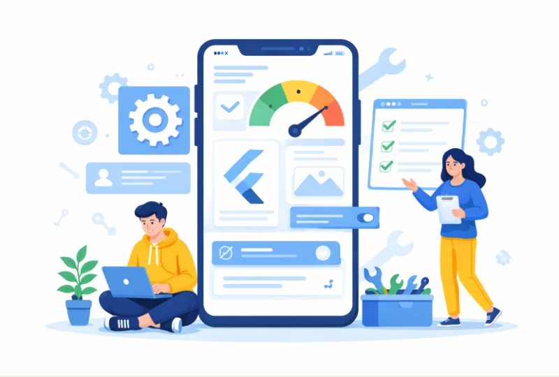 Flutter app development performance optimisation process showing mobile UI components, state management tools, and developers improving cross-platform app efficiency.