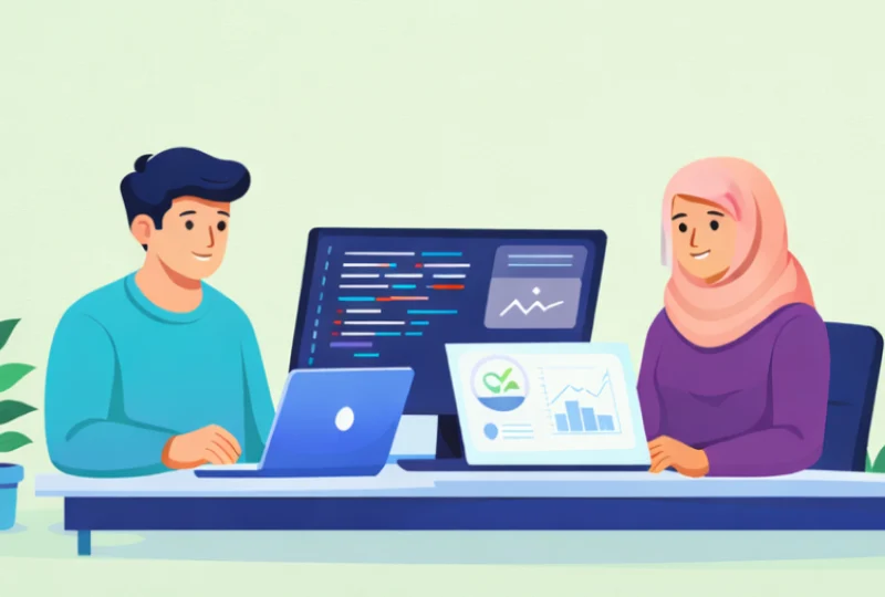 Malaysian software developers working on custom software development project with analytics dashboard and coding interface