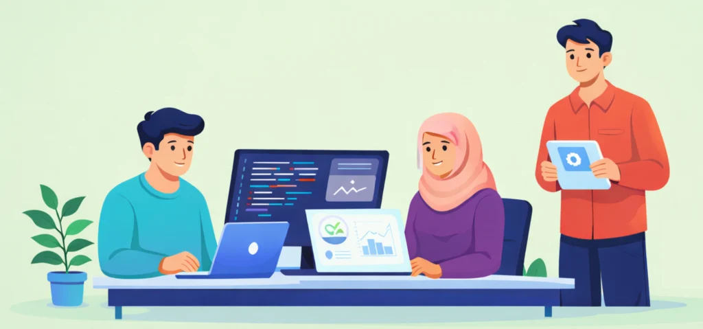 Software development agency in Malaysia team collaborating on web and mobile app development with dashboards and code on screens
