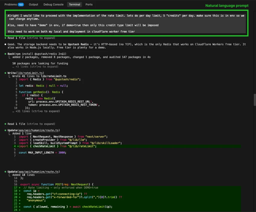 A screenshot demonstrating the rise of vibe coding prompt-driven development workflow where an LLM generates application code directly from natural language instructions.