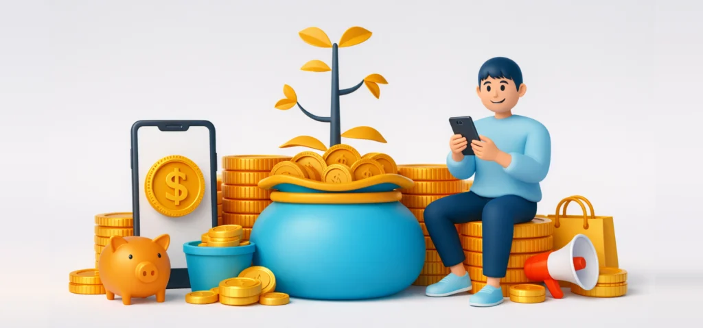 Illustration of mobile app monetisation showing a smartphone, growing savings, and digital revenue, representing profitable mobile apps in Malaysia