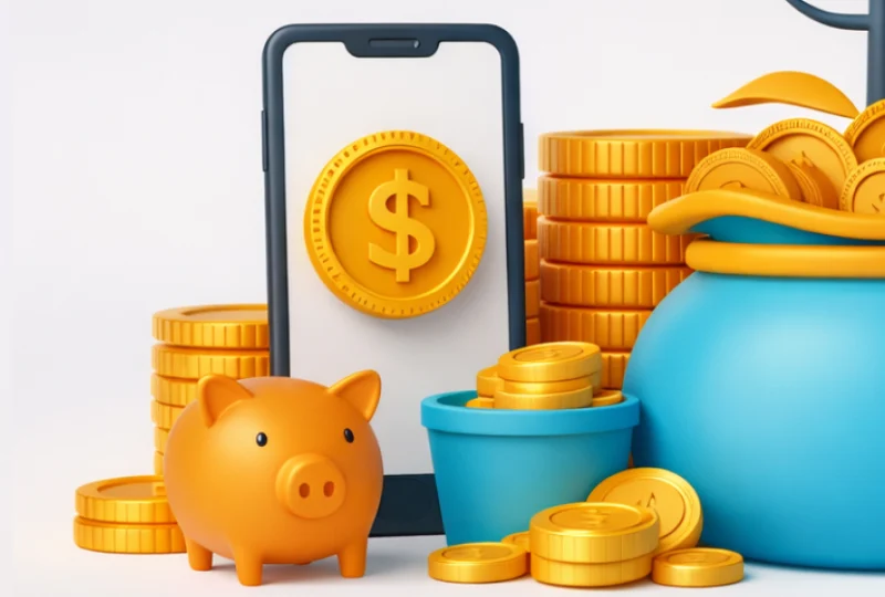 Illustration of mobile app monetisation showing a smartphone surrounded by coins and savings, representing revenue generation from mobile apps in Malaysia