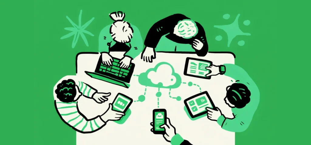 Team collaborating on digital transformation using cloud technology across devices.