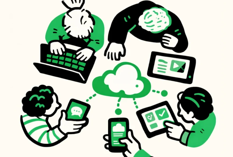 Enterprise team collaborating through cloud-based digital transformation tools on multiple devices.