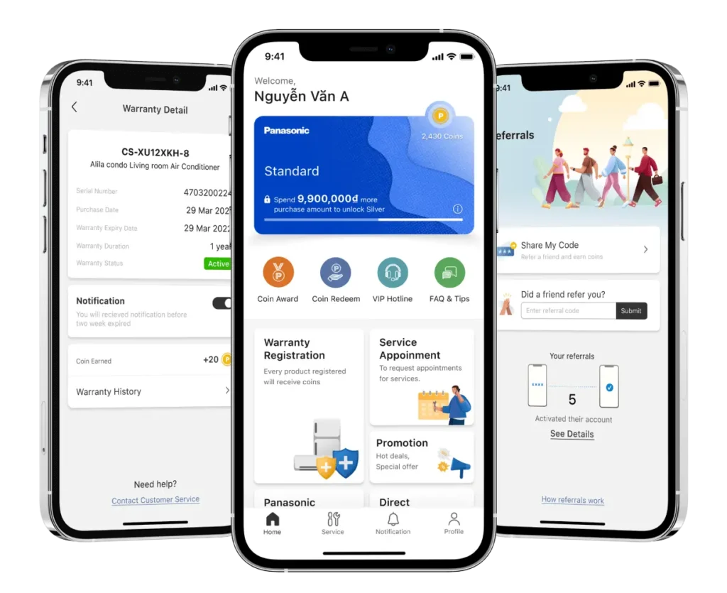 Panasonic MyPanasonic app on iPhone by Malaysian developers, displaying loyalty rewards and AC service features
