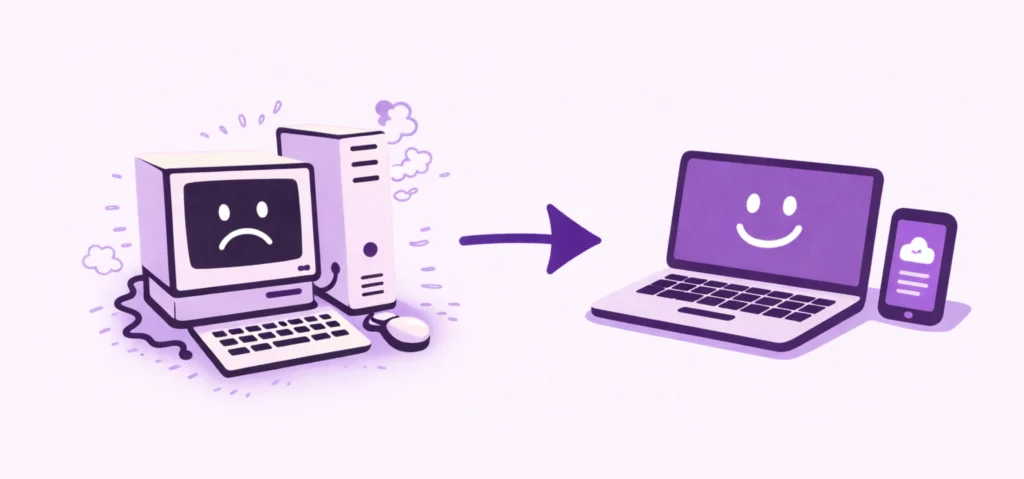 Illustration showing a transition from an outdated legacy computer system to modern devices, representing software development in Malaysia and the right time to replace legacy systems.