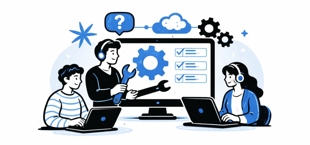 Software development company in Malaysia team collaborating on post-launch support, maintenance, and system optimisation using laptops and monitoring tools