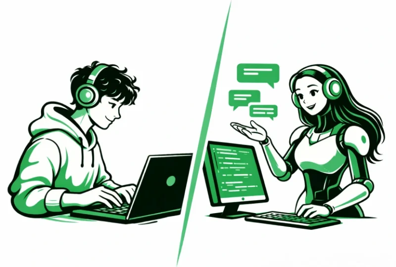 Side-by-side illustration of vibe coding versus AI assistant in IDE, with human developer coding and AI chatbot providing code help.