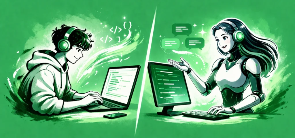 Illustration of vibe coding vs AI assistant in IDE, showing developer coding manually and AI assisting with suggestions.