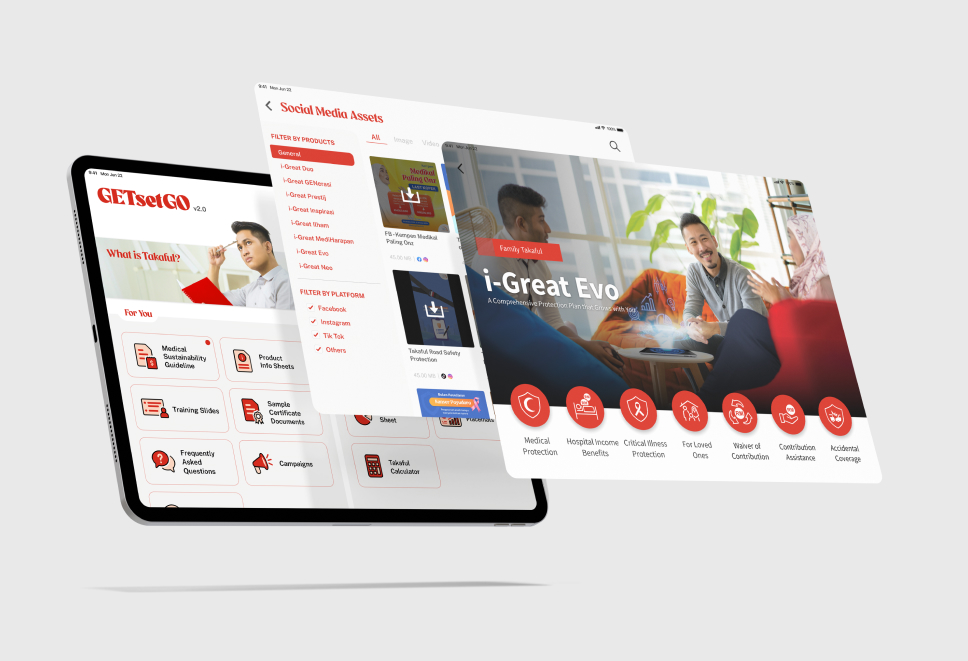 GETsetGO insurance and takaful sales enablement platform displayed across tablet interface mockups, featuring social media asset management, product presentations, marketing materials, and digital resource sharing tools for agents.