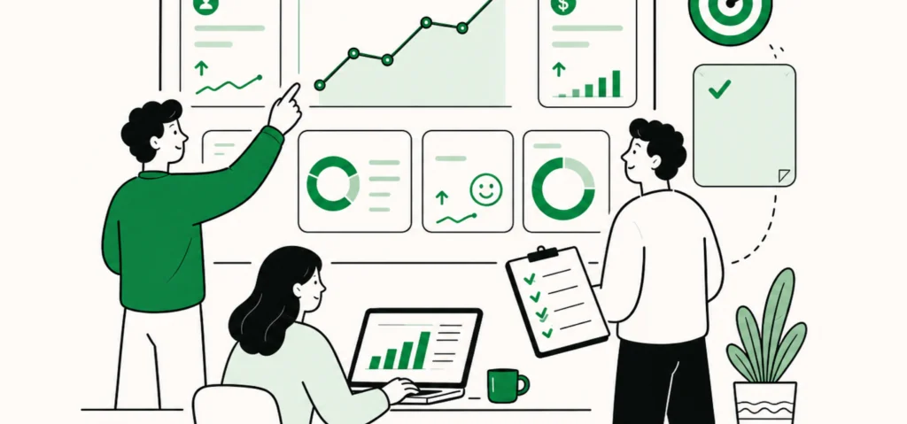 Software development team monitoring KPI metrics and user engagement analytics