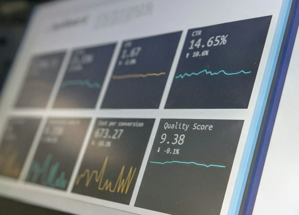 Dashboard showing KPI metrics like CTR and conversion rates, representing software performance tracking and analytics.