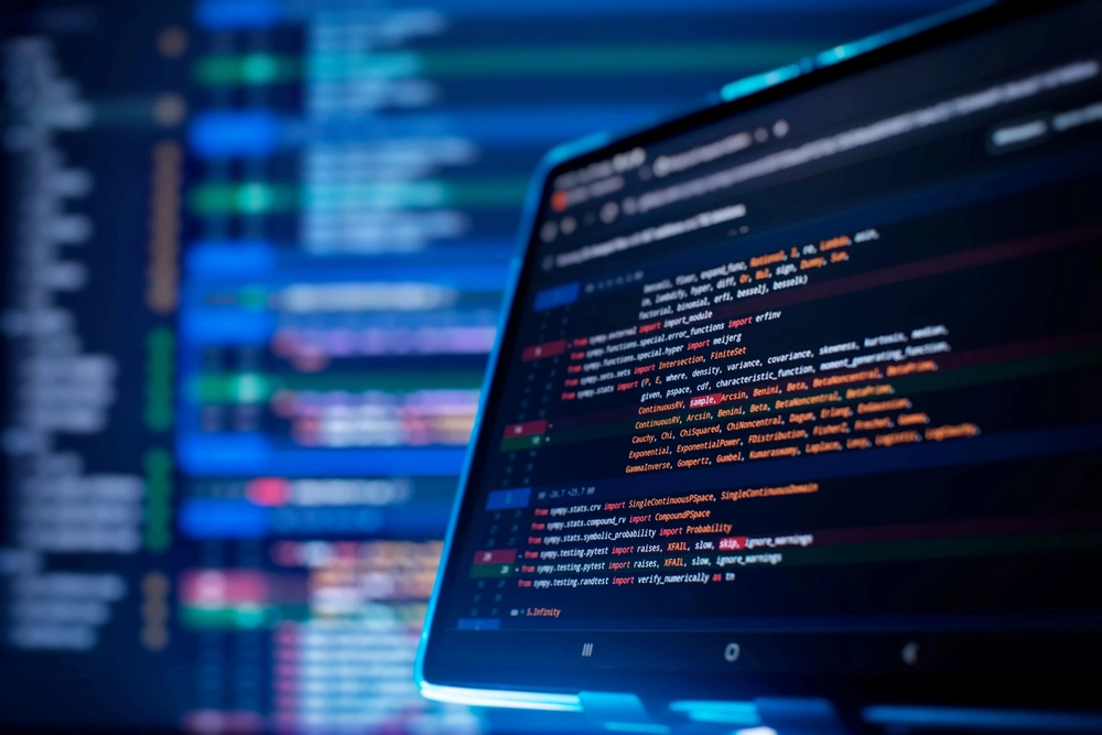 An image showing a laptop screen with a development environment using native coding.