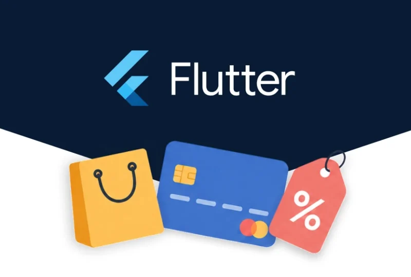 Flutter for e-commerce app development shown with a mobile shopping interface, payment card and discount tag