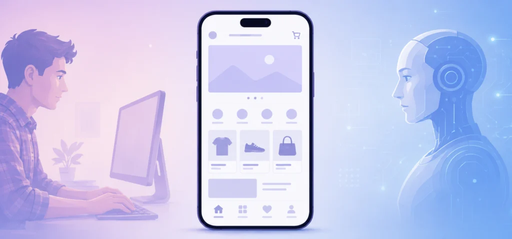 An illustration showing how to create an app with a developer and AI on either side of a mobile showcasing an app interface on the screen.