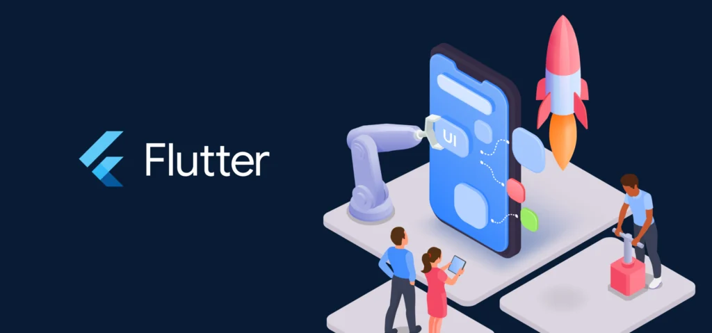 Flutter mobile app development graphic showing a smartphone UI, robotic arm and rocket representing faster app deployment.