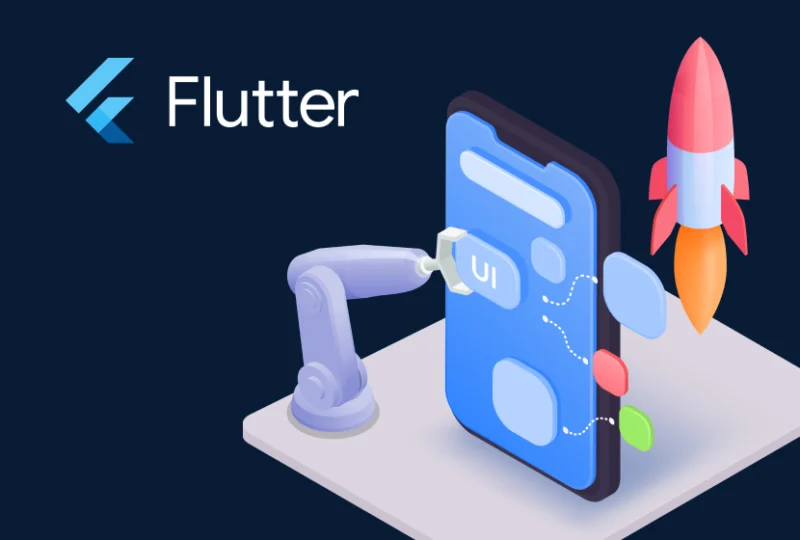 Flutter app development illustration with a mobile interface, automation tools, launch rocket and development team.